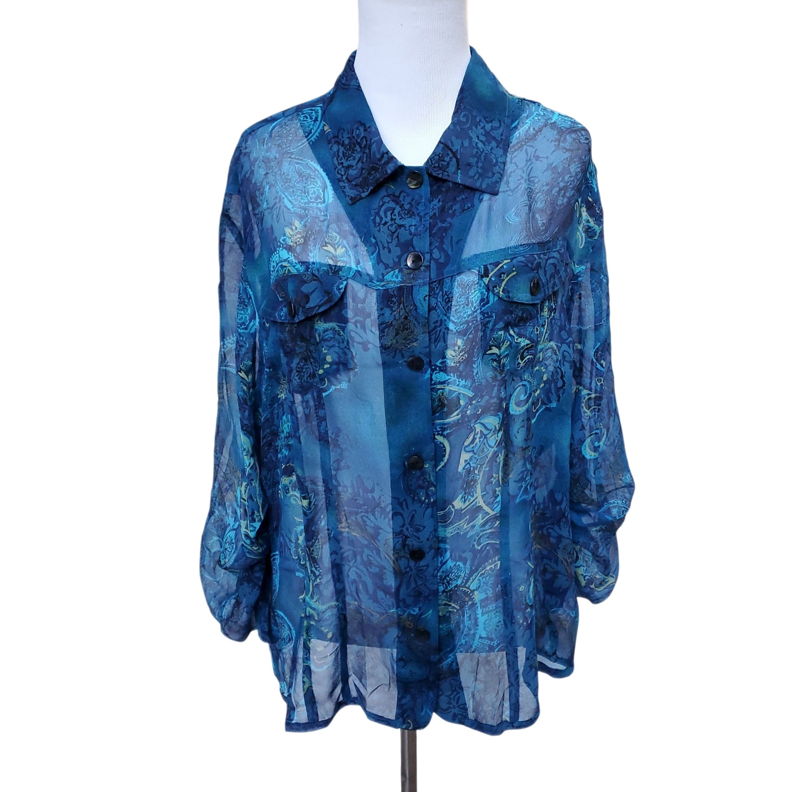 Chico's Blue Floral Sheer Silk Button Down Blouse Ruched Sleeve Chicos 3 Xl 16